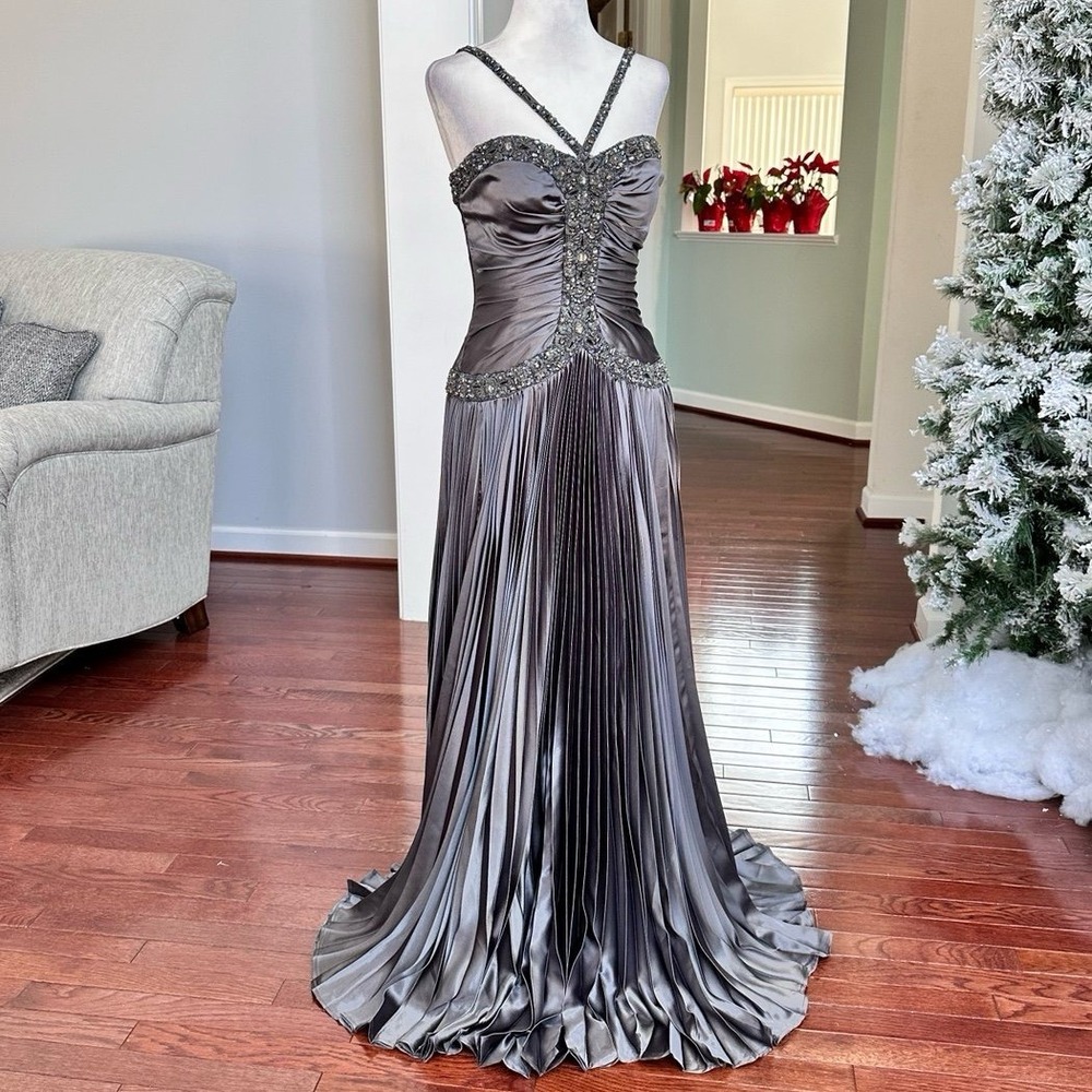 Vintage 2000s Atehier Alyce Grey Pleated Embellished Luxury Gown Dress Size 2 - Picture 2 of 12